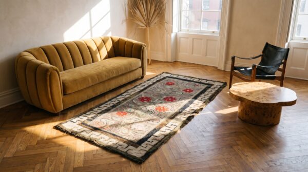Antique american hooked small scatter size wool & cotton gray rug (sku 25555) - room view