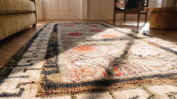 Antique american hooked small scatter size wool & cotton gray rug (sku 25555) - in-room detail