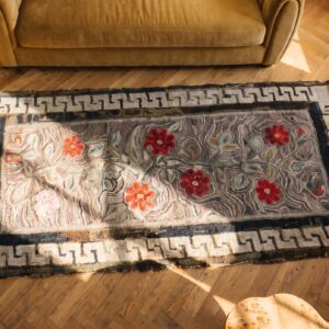Antique American Hooked Small Scatter Size Wool & Cotton Gray Rug (SKU 25555) - styled overhead view