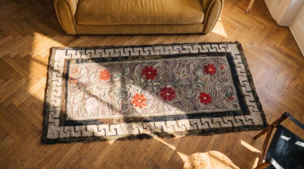 Antique american hooked small scatter size wool & cotton gray rug (sku 25555) - styled overhead view