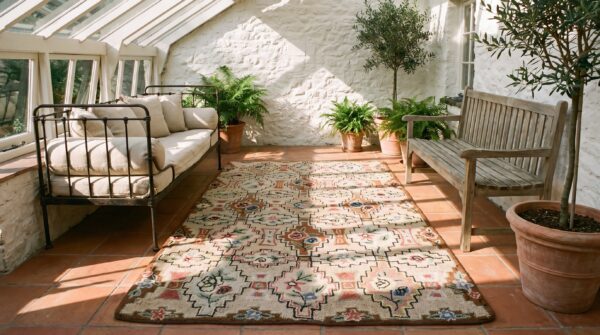 Antique american hooked small scatter size wool ivory rug 9 Antique american hooked small scatter size wool ivory rug (sku 25284) - room view