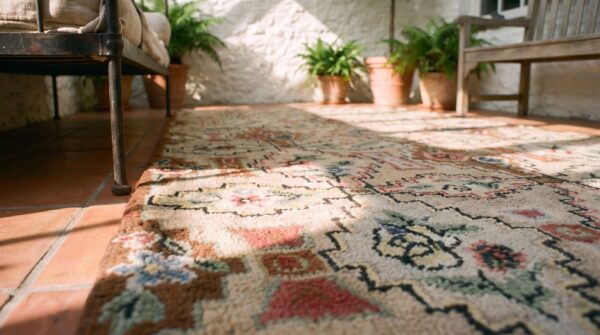 Antique american hooked small scatter size wool ivory rug 10 Antique american hooked small scatter size wool ivory rug (sku 25284) - in-room detail