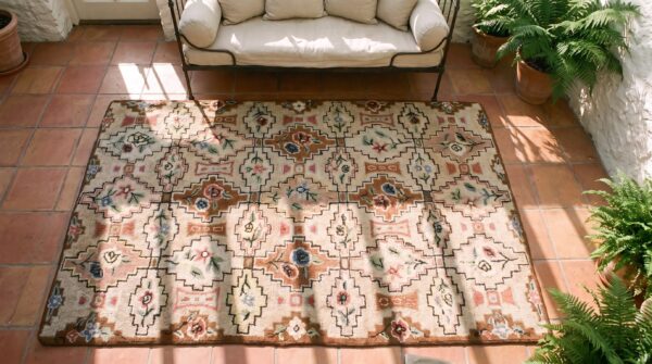 Antique american hooked small scatter size wool ivory rug 2 Antique american hooked small scatter size wool ivory rug (sku 25284) - styled overhead view