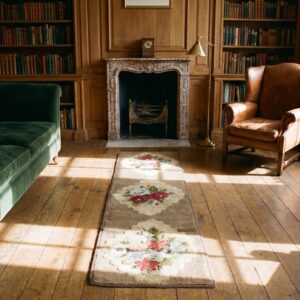 Antique American Hooked Rug Small Scatter Size Jute & Cotton Ivory (SKU 17855) - styled overhead view