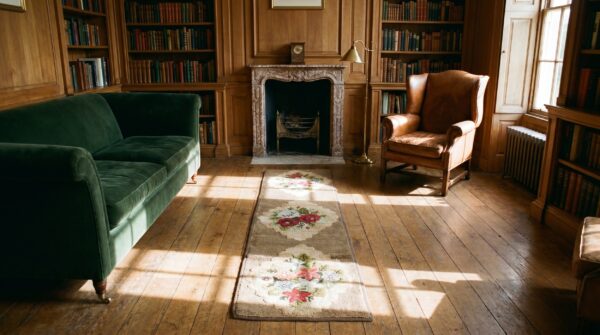 Antique american hooked rug small scatter size jute & cotton ivory 2 Antique american hooked rug small scatter size jute & cotton ivory (sku 17855) - styled overhead view