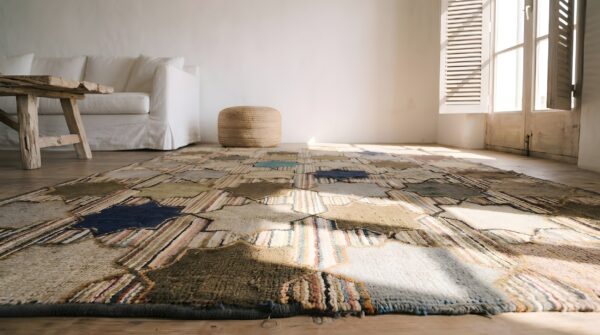 Antique american hooked small size wool & cotton ivory rug 8 Antique american hooked small size wool & cotton ivory rug (sku 23087) - in-room detail