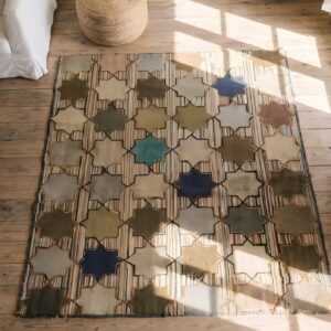 Antique American Hooked Small Size Wool & Cotton Ivory Rug (SKU 23087) - styled overhead view