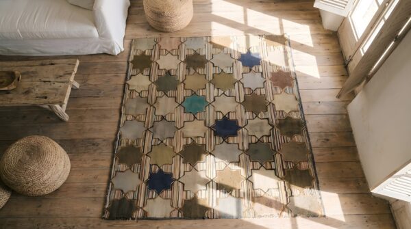 Antique american hooked small size wool & cotton ivory rug 2 Antique american hooked small size wool & cotton ivory rug (sku 23087) - styled overhead view