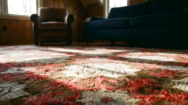 Antique american hooked square rug america geometric hand-woven 11 Antique american hooked square rug america geometric hand-woven (sku 25212) - in-room detail