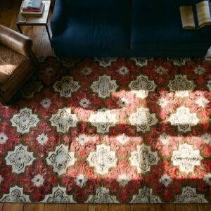 Antique American Hooked Square Rug America Geometric Hand-Woven (SKU 25212) - styled overhead view