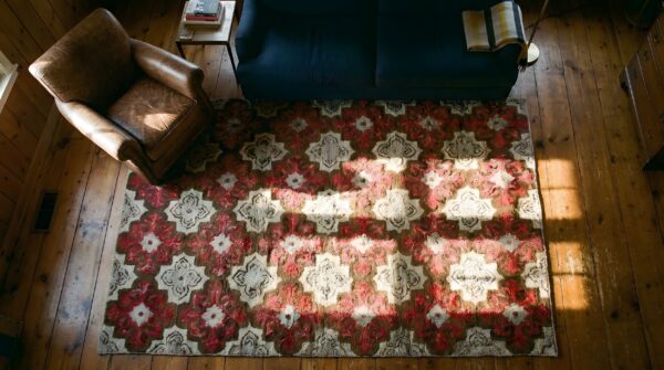 Antique american hooked square rug america geometric hand-woven 2 Antique american hooked square rug america geometric hand-woven (sku 25212) - styled overhead view