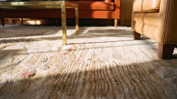 Antique american hooked square floral medallion loop pile rug 8 Antique american hooked square floral medallion loop pile rug (sku 25556) - in-room detail