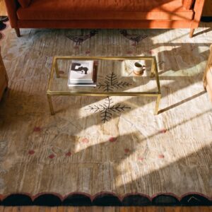 Antique American Hooked Square Floral Medallion Loop Pile Rug (SKU 25556) - styled overhead view