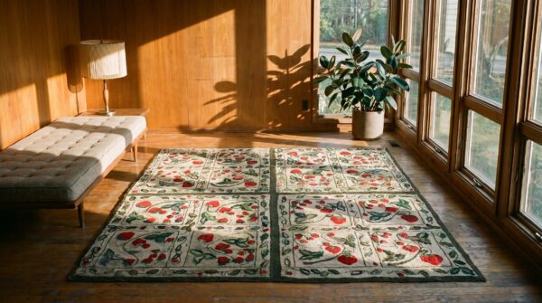Antique american hooked square rug wool ivory (sku 17941) - room view