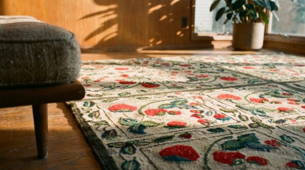 Antique american hooked square rug wool ivory (sku 17941) - in-room detail