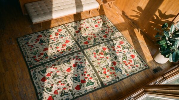 Antique american hooked square rug wool ivory (sku 17941) - styled overhead view