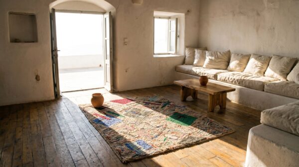 Antique american hooked square rug multicolor 1930s 8 Antique american hooked square rug multicolor 1930s (sku 17583) - room view