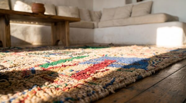 Antique american hooked square rug multicolor 1930s 9 Antique american hooked square rug multicolor 1930s (sku 17583) - in-room detail