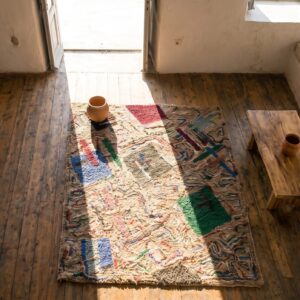 Antique American Hooked Square Rug Multicolor 1930s (SKU 17583) - styled overhead view