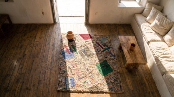 Antique american hooked square rug multicolor 1930s 2 Antique american hooked square rug multicolor 1930s (sku 17583) - styled overhead view
