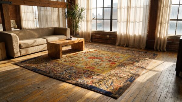 Antique american hooked square rug wool multicolor 8 Antique american hooked square rug wool multicolor (sku 20927) - room view
