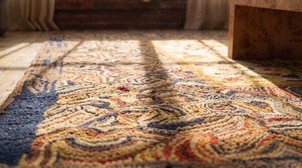 Antique american hooked square rug wool multicolor 9 Antique american hooked square rug wool multicolor (sku 20927) - in-room detail