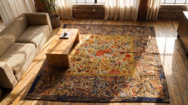 Antique american hooked square rug wool multicolor 2 Antique american hooked square rug wool multicolor (sku 20927) - styled overhead view