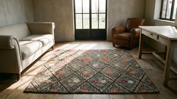 Antique american hooked square rug small scatter size wool & cotton multicolor 10 Antique american hooked square rug small scatter size wool & cotton multicolor (sku 17194) - room view