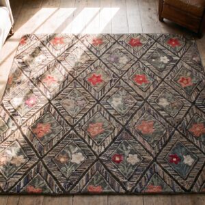 Antique American Hooked Square Rug Small Scatter Size Wool & Cotton Multicolor (SKU 17194) - styled overhead view