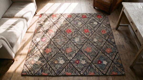 Antique american hooked square rug small scatter size wool & cotton multicolor 2 Antique american hooked square rug small scatter size wool & cotton multicolor (sku 17194) - styled overhead view