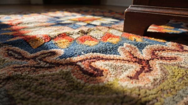 Antique american hooked square small scatter size wool & cotton multicolor rug 9 Antique american hooked square small scatter size wool & cotton multicolor rug (sku 25285) - in-room detail