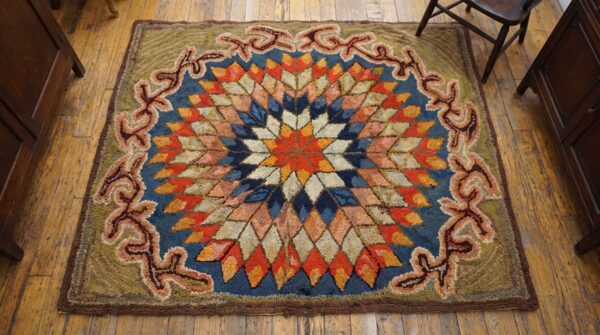 Antique american hooked square small scatter size wool & cotton multicolor rug 2 Antique american hooked square small scatter size wool & cotton multicolor rug (sku 25285) - styled overhead view