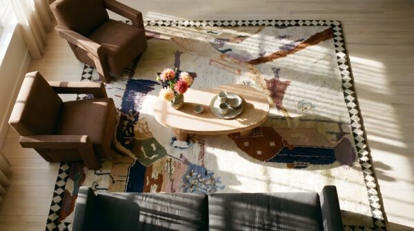 Antique american hooked square small scatter size cotton ivory rug 2 Antique american hooked square small scatter size cotton ivory rug (sku 25343) - styled overhead view