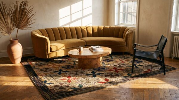 Antique american hooked square rug small scatter size wool multi 11 Antique american hooked square rug small scatter size wool multi (sku 24189) - room view
