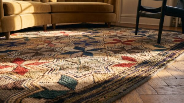 Antique american hooked square rug small scatter size wool multi 12 Antique american hooked square rug small scatter size wool multi (sku 24189) - in-room detail