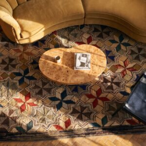 Antique American Hooked Square Rug Small Scatter Size Wool Multi (SKU 24189) - styled overhead view