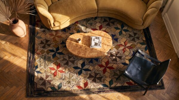 Antique american hooked square rug small scatter size wool multi 2 Antique american hooked square rug small scatter size wool multi (sku 24189) - styled overhead view