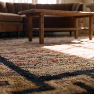 Antique American Hooked Square Rug Small Scatter Size Wool Multicolor (SKU 25066) - in-room detail