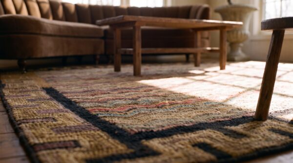 Antique american hooked square rug small scatter size wool multicolor 11 Antique american hooked square rug small scatter size wool multicolor (sku 25066) - in-room detail