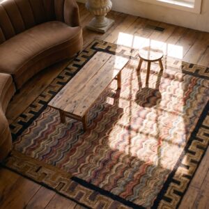 Antique American Hooked Square Rug Small Scatter Size Wool Multicolor (SKU 25066) - styled overhead view