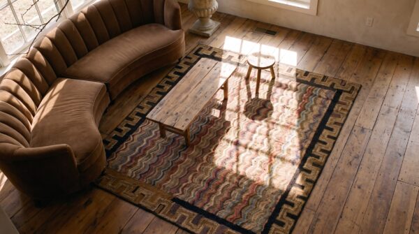 Antique american hooked square rug small scatter size wool multicolor 2 Antique american hooked square rug small scatter size wool multicolor (sku 25066) - styled overhead view