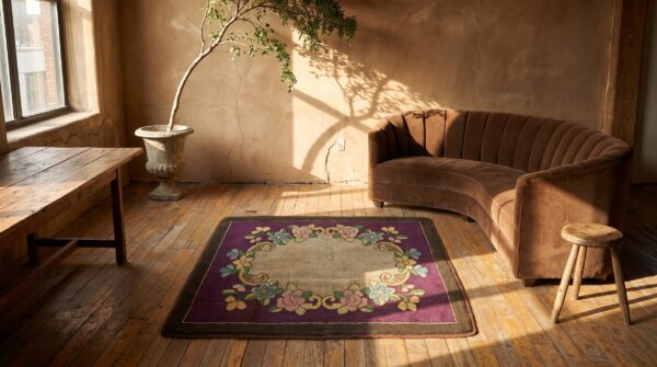 Antique american hooked square rug small scatter size wool purple 7 Antique american hooked square rug small scatter size wool purple (sku 20477) - room view