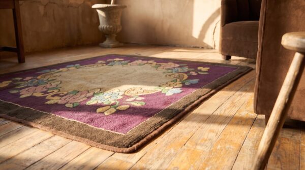 Antique american hooked square rug small scatter size wool purple 8 Antique american hooked square rug small scatter size wool purple (sku 20477) - in-room detail