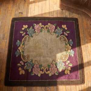 Antique American Hooked Square Rug Small Scatter Size Wool Purple (SKU 20477) - styled overhead view