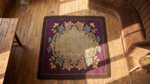 Antique american hooked square rug small scatter size wool purple 2 Antique american hooked square rug small scatter size wool purple (sku 20477) - styled overhead view