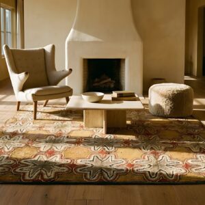 Antique American Hooked Square Yellow Rug Small Scatter Size Jute & Cotton (SKU 24263) - room view