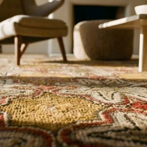Antique American Hooked Square Yellow Rug Small Scatter Size Jute & Cotton (SKU 24263) - in-room detail