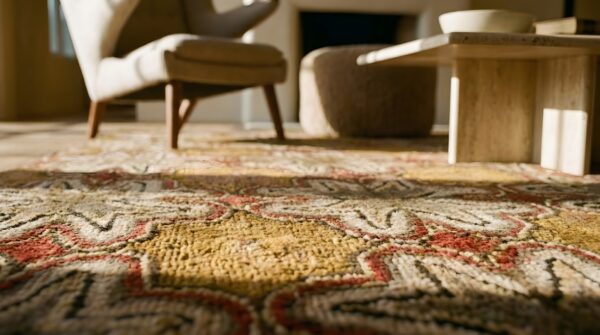 Antique american hooked square yellow rug small scatter size jute & cotton 11 Antique american hooked square yellow rug small scatter size jute & cotton (sku 24263) - in-room detail