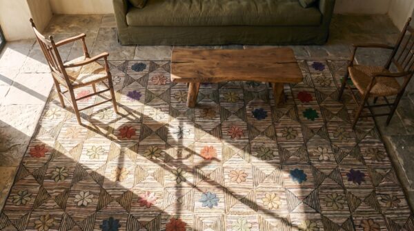 Antique american hooked usa wool rug (sku 19356) - styled overhead view