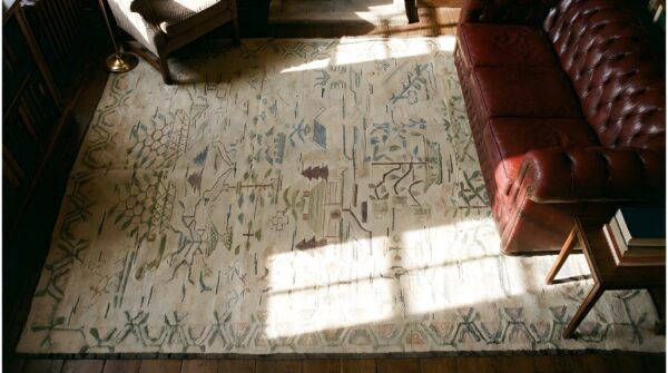 Antique american hooked usa allover floral - loop pile rug 2 Antique american hooked usa allover floral - loop pile rug (sku 25599) - styled overhead view